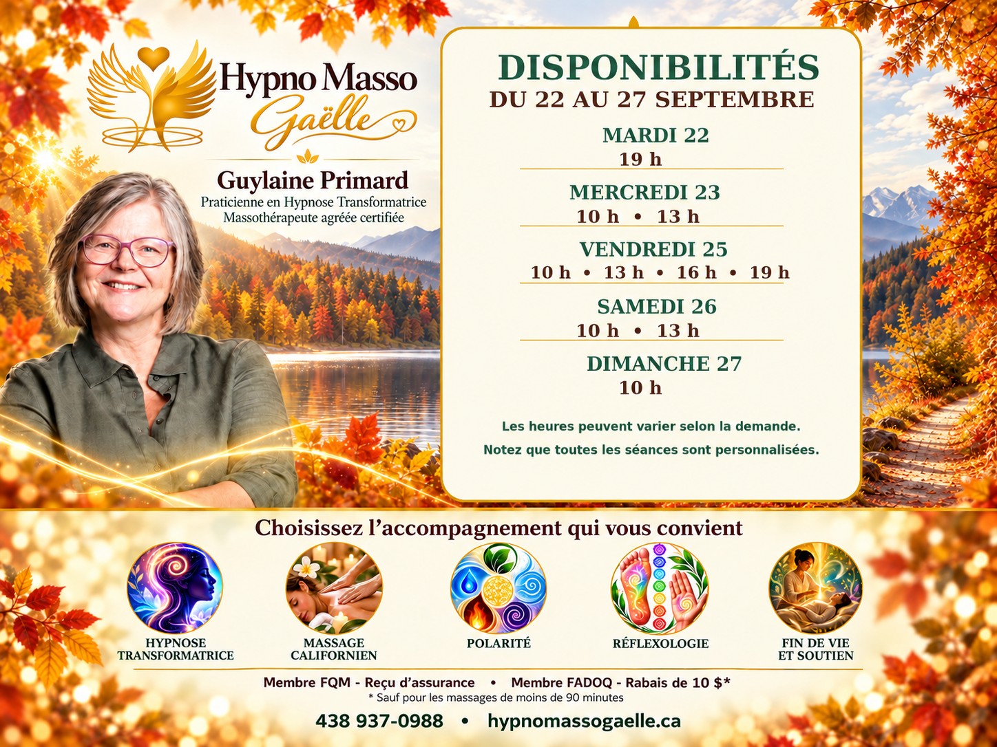 Disponibilités du 1er au 6 septembre - Hypno Masso Gaëlle